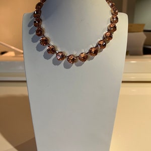 Crystal Anna Wintour tennis style statement necklace choker 12mm cushion cut rose peach crystals set in rose gold plated cup chain.