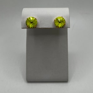 12mm round rivoli Swarovski stud post earrings in citrus green neon shade.
