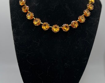 Anna Wintour Georgian Colette style 12mm cushion cut topaz citrine shade Swarovski Crystal tennis necklace in 14k gold filled setting.