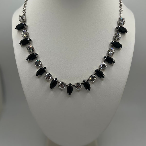 Stunning and unique jet black and clear  Swarovski crystal choker 8mm round and 15x7 navette crystals antique silver setting.