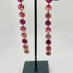 Unique  shoulder duster Swarovski crystal drop dangle long statement earrings ombre pink 8mm.