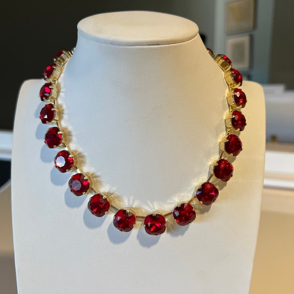 Anna Wintour Georgian Colette style 12mm cushion cut scarlet ruby red Swarovski Crystal tennis necklace in 14k gold filled setting.