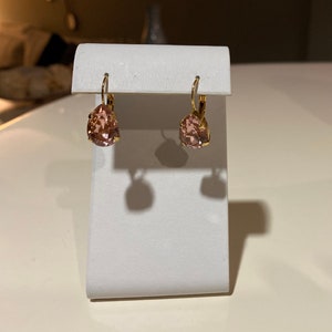 Pear dangle drop earrings with rose pink Swarovski crystals in 14k gold plated setting.