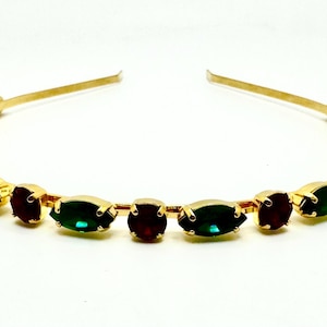 Absolutely stunning Christmas head band hair bling gold plated tiara with red and green Swarovski crystals.