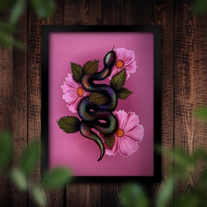 Black Rainbow Snake with Flowers Art Print | Tattoo Style | Pink Floral | Wall Art