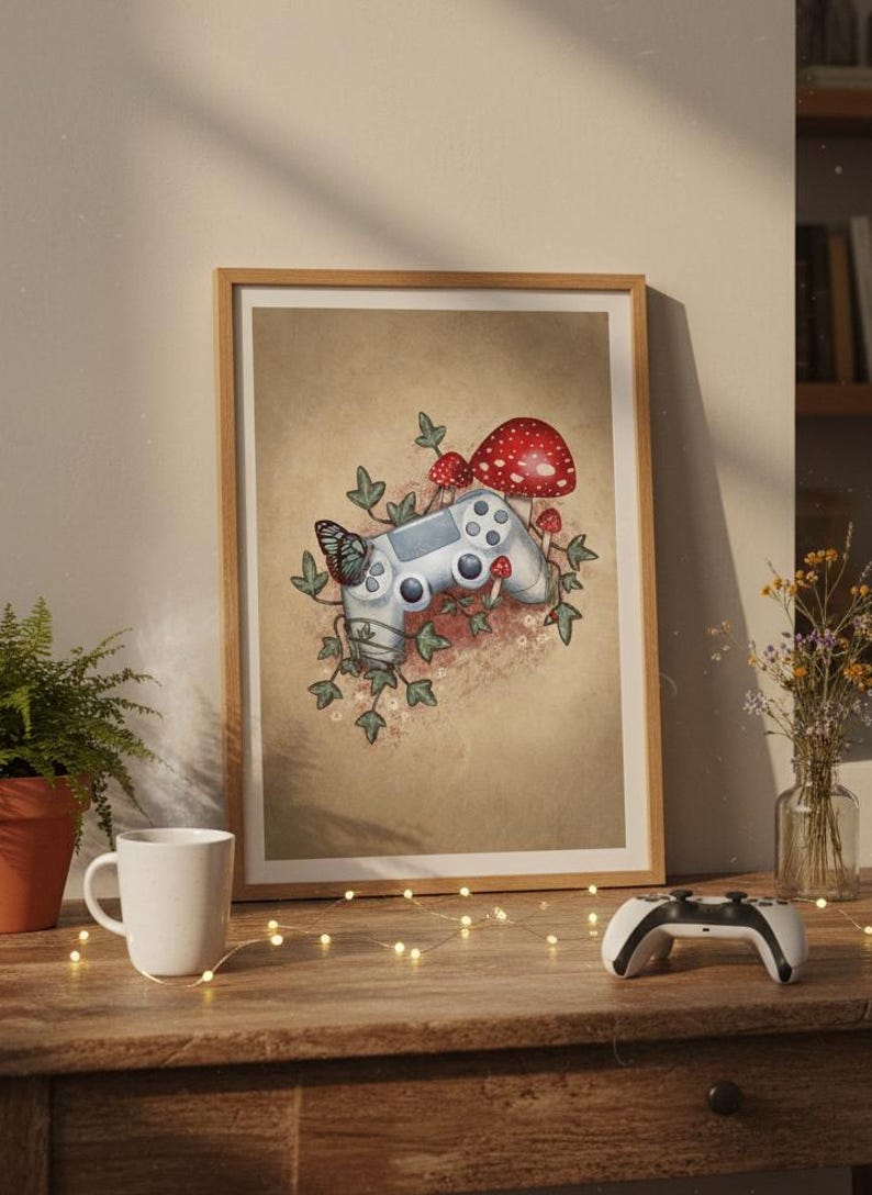 Cosy Gamer Art Print, Controller Illustration with Mushrooms, Cottagecore Gaming Wall Art, Video Game Decor image 2