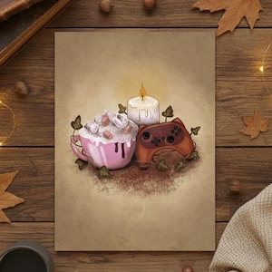 Cosy Gamer Art Print, Hot Chocolate & Controller Wall Art, Cute Gaming Room Decor, Hygge Aesthetic Gamer Girl Gift, Winter Video Game Poster