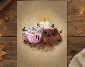 Cosy Gamer Art Print, Hot Chocolate & Controller Wall Art, Cute Gaming Room Decor, Hygge Aesthetic Gamer Girl Gift, Winter Video Game Poster