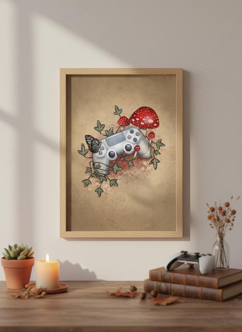 Cosy Gamer Art Print, Controller Illustration with Mushrooms, Cottagecore Gaming Wall Art, Video Game Decor image 3