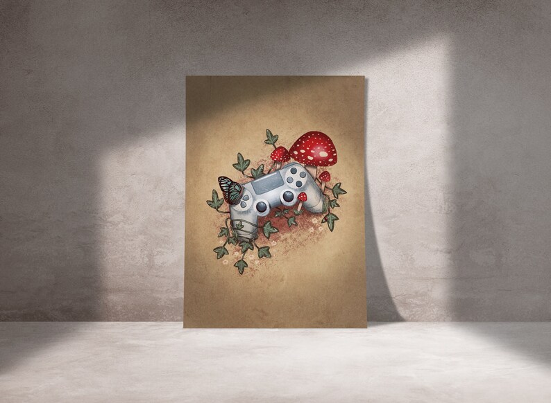 Cosy gamer art print featuring a controller with mushrooms and ivy