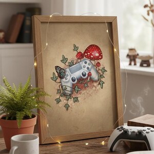 Cosy Gamer Art Print, Controller Illustration with Mushrooms, Cottagecore Gaming Wall Art, Video Game Decor image 4