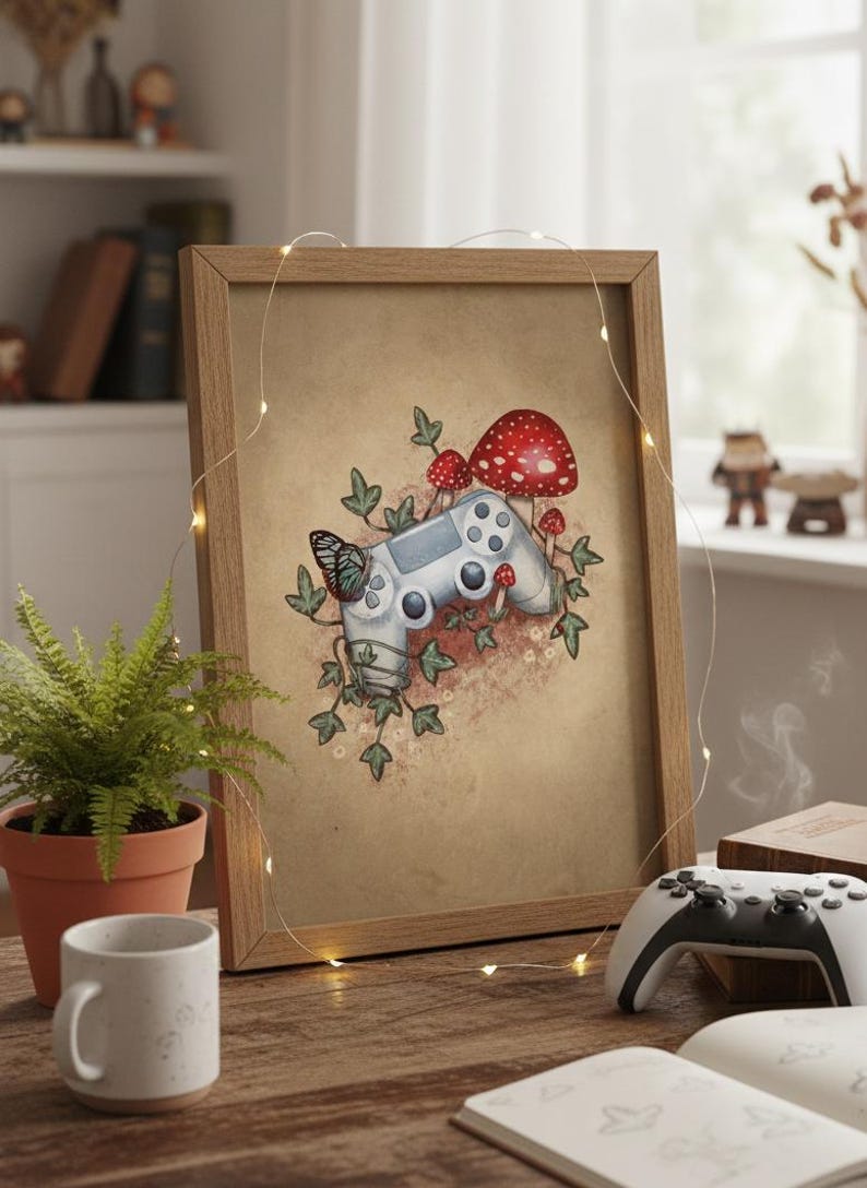 Cosy Gamer Art Print, Controller Illustration with Mushrooms, Cottagecore Gaming Wall Art, Video Game Decor image 4
