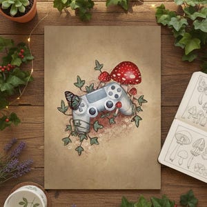 Cosy Gamer Art Print, Controller Illustration with Mushrooms, Cottagecore Gaming Wall Art, Video Game Decor image 1