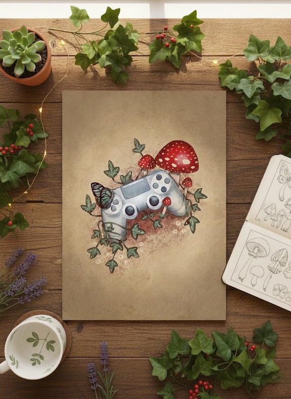 Cosy Gamer Art Print, Controller Illustration with Mushrooms, Cottagecore Gaming Wall Art, Video Game Decor