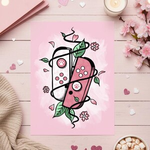 Floral Switch Art Print, Joy-Con Botanical Wall Decor, Cute Gaming Room Poster, Gamer Girl Gift, Kawaii Nintendo Switch Controller Decor