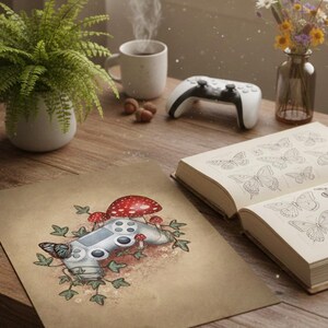 Cosy Gamer Art Print, Controller Illustration with Mushrooms, Cottagecore Gaming Wall Art, Video Game Decor image 5