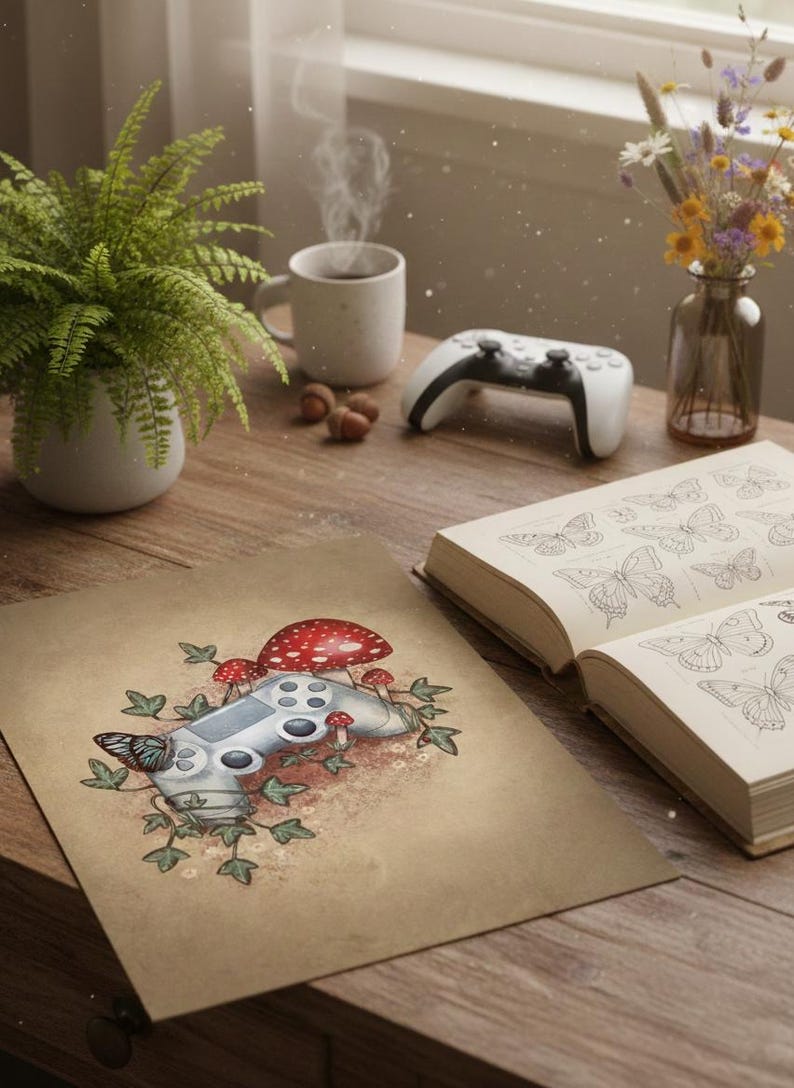 Cosy Gamer Art Print, Controller Illustration with Mushrooms, Cottagecore Gaming Wall Art, Video Game Decor image 5