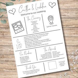 Op de afbeelding: Een witte trouwprogrammakaart met zwarte tekst en lijntekeningen. De koptekst luidt Caitlin & Lachlan Welcome to our wedding. Secties bevatten The Ceremony, Our VIPs, Our Numbers, The Awards en een bedankje met een vak voor een QR-code.