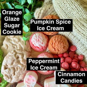 May include: An assortment of festive treats, including an orange glaze sugar cookie, pumpkin spice ice cream, peppermint ice cream, cinnamon candies, and gingerbread men. The image features a variety of colors and textures, perfect for the holiday season.