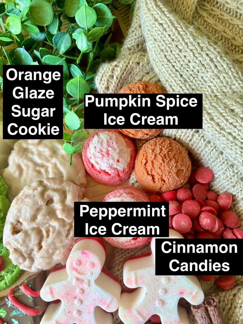 May include: An assortment of festive treats, including an orange glaze sugar cookie, pumpkin spice ice cream, peppermint ice cream, cinnamon candies, and gingerbread men. The image features a variety of colors and textures, perfect for the holiday season.
