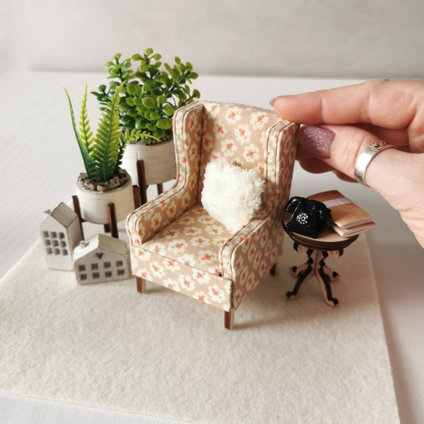 Scale 1/12. Miniature chair in a small red flower Mini dollhouse chair.