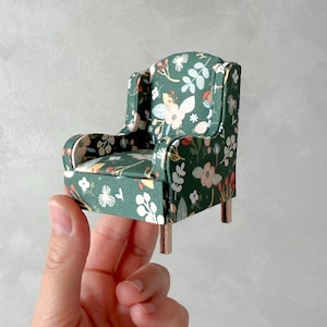 Scale 1/12. Small dark green chair in flowers, armchair for dollhouse. Mini dollhouse chair.