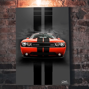 Challenger art, Orange Challenger painting, Challenger racing stripes  - garage art