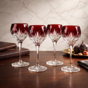 Vintage Bohemian Czech cased cut-to-clear ruby red crystal wine glasses