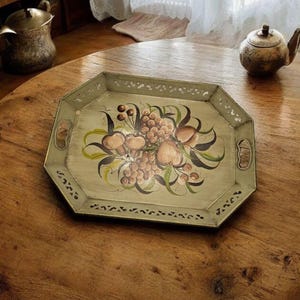 Large vintage  Metal Serving tray Hand Painted fruit. 18&quot; by 13 1/2&quot; handles
