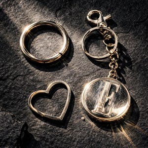 May include: A collection of gold-colored accessories, including a keyring with a capital letter "E" pendant, a heart-shaped charm, and a split ring. The items are arranged on a dark, textured surface, with sunlight casting shadows.