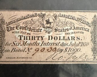 Auténtico cupón de bono confederado de la Guerra Civil de la década de 1860 / Intereses de 30 dólares con vencimiento en 1870 / En perfecto estado, encapsulado. Recuerdo histórico.