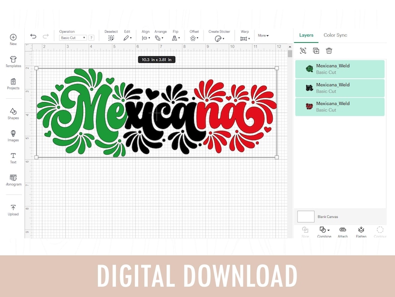 May include: A digital design with the word "Mexicana" in green, black, and red, with decorative floral elements. The design is 10.3 inches by 3.81 inches. The words "DIGITAL DOWNLOAD" are at the bottom.
