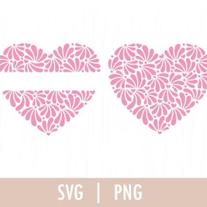 May include: Two pink heart-shaped designs, one with a blank space in the middle, both filled with a pattern of small pink flowers.