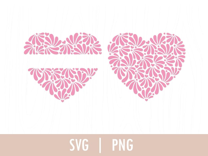May include: Two pink heart-shaped designs, one with a blank space in the middle, both filled with a pattern of small pink flowers.