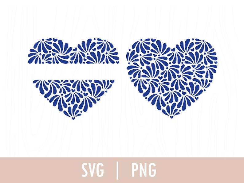 May include: Two blue heart-shaped designs with a floral pattern. The top heart is split in half horizontally, with a blank space in the middle.