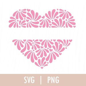 May include: Pink heart-shaped design with a floral pattern. The design is made up of small pink flowers and hearts.
