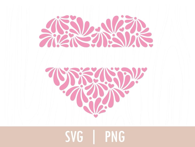 May include: Pink heart-shaped design with a floral pattern. The design is made up of small pink flowers and hearts.