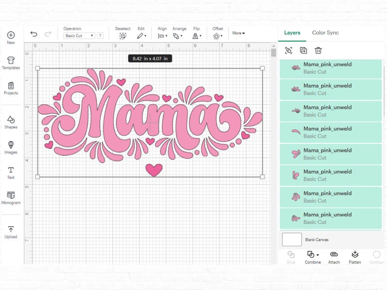 May include: A pink "Mama" design with decorative swirls and hearts, ready for cutting on a digital design platform.