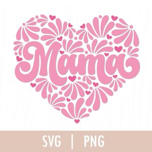 May include: Pink heart-shaped design with the word "Mama" in a stylized font. The heart is filled with pink floral patterns and small pink hearts.