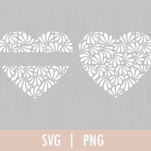 May include: Two white heart-shaped designs with a floral pattern. The top heart is split in half horizontally, creating a space for text. The bottom heart is whole.  SVG | PNG