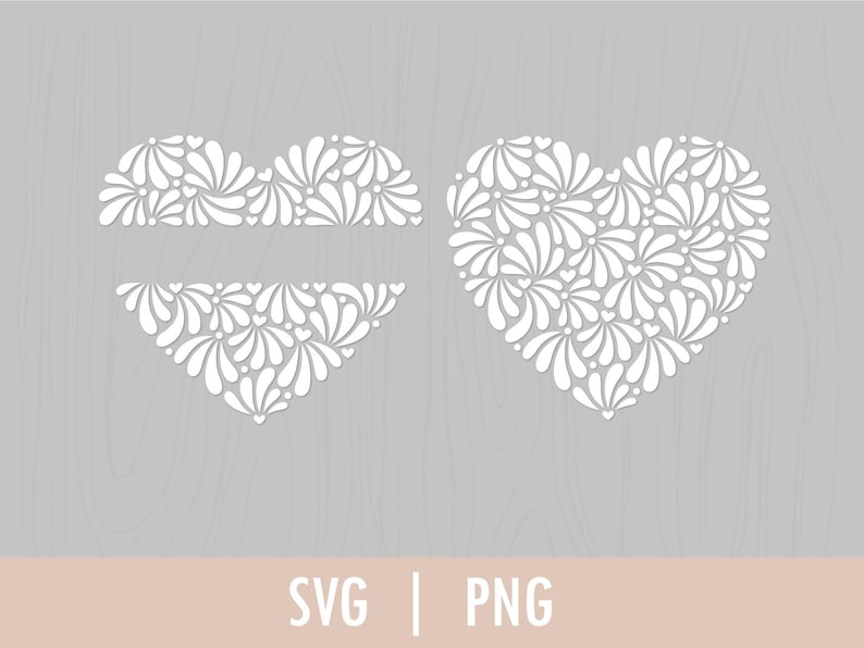 May include: Two white heart-shaped designs with a floral pattern. The top heart is split in half horizontally, creating a space for text. The bottom heart is whole.  SVG | PNG