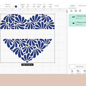 May include: Two blue Talavera-style heart designs with a floral pattern. The designs are 6.92 inches by 6.2 inches.