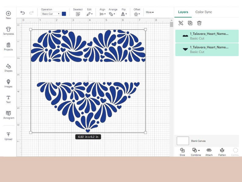 May include: Two blue Talavera-style heart designs with a floral pattern. The designs are 6.92 inches by 6.2 inches.