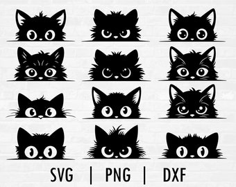 Könnte beinhalten: Ein Set mit 12 schwarzen und weißen Katzenkopf-Silhouetten, die über eine Oberfläche schauen. Die Katzen haben große Augen und schauen den Betrachter an. Die Silhouetten eignen sich perfekt für Bastelprojekte, Scrapbooking oder digitales Design.
