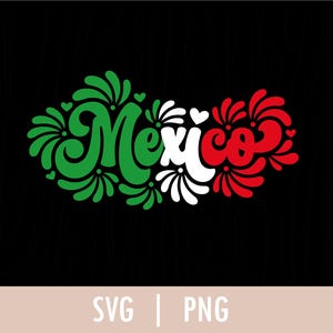 May include: A graphic design featuring the word Mexico in a stylized, cursive font. The letters are colored in green, white, and red, mirroring the Mexican flag. The text is surrounded by decorative, swirling floral-like patterns and small hearts.