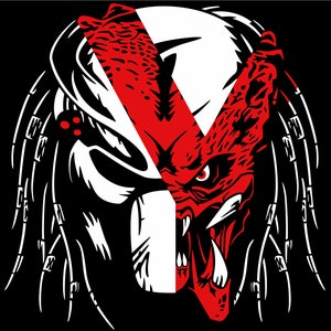 May include: A black and white Predator mask with red accents is split down the middle with a red and white Predator mask. The masks are facing each other.
