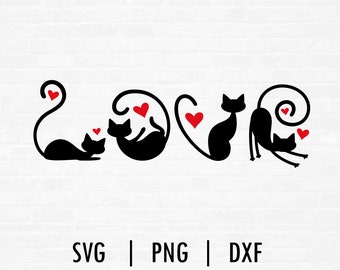 Amour chats SVG, amour chat silhouette, chat Svg, fichiers de coupe pour Cricut & Silhouette, Svg, Png, Dxf