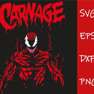 Puede incluir: Ilustración roja y negra del personaje de Marvel Comics Carnage. La imagen presenta un primer plano de la cara y la parte superior del cuerpo de Carnage, con sus característicos dientes afilados y ojos rojos. La palabra "CARNAGE" está escrita en letras rojas que gotean sobre el personaje.