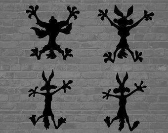 Puede incluir: Cuatro imágenes en silueta negra de un coyote o correcaminos, personaje de la caricatura Looney Tunes. El personaje se representa corriendo con los brazos y las piernas extendidos.