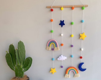 Rainbow Nursery Decoration, Macramé Rainbow, Felt Star, Moon, Cloud, Pompom, Wall Hanging Nursery Decor Home Decor